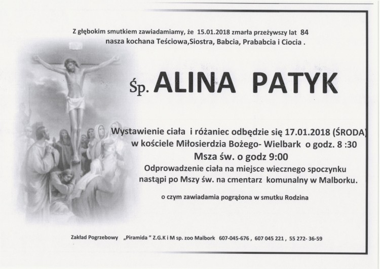 Zmarła Alina Patyk. Żyła 84 lata.