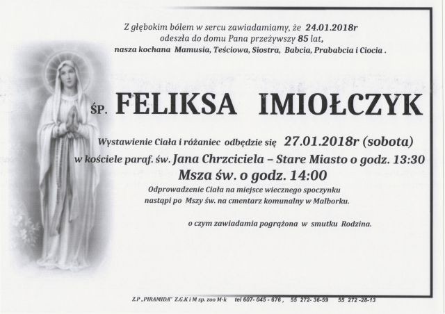 Zmarła Feliksa Imiołyczyk. Żyła 85 lat.