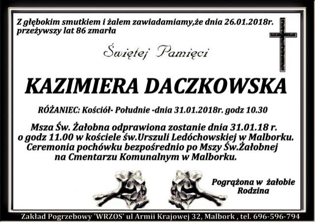 Zmarła Kazimiera Daczkowska. Żyła 86 lat.