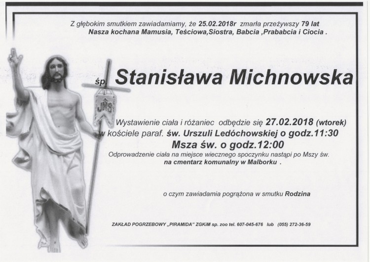 Zmarła Stanisława Michnowska. żyła 79 lat. 