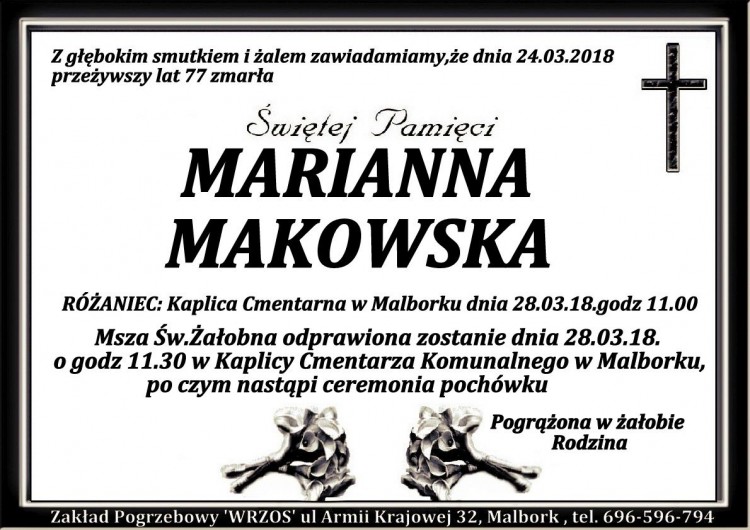 Zmarła Marianna Makowska.Żyła 77 lat. 