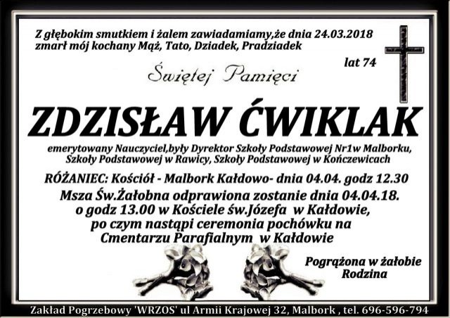 Zmarł Zdzisław Ćwiklak. Żył 74 lata.