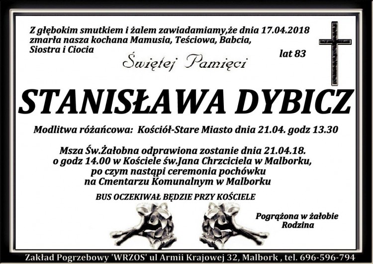 Zmarła Stanisława Dybicz. Żyła 83 lata.