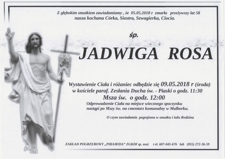 Zmarła Jadwiga Rosa. Żyła 58 lat.