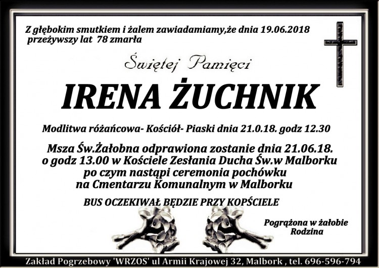 Zmarła Irena Żuchnik. Żyła 78 lat