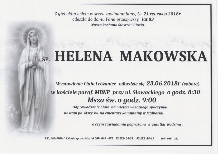 Zmarła Helena Makowska. Żyła 83 lata.