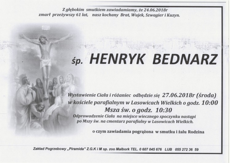 Zmarł Henryk Bednarz. Żył 61 lat.