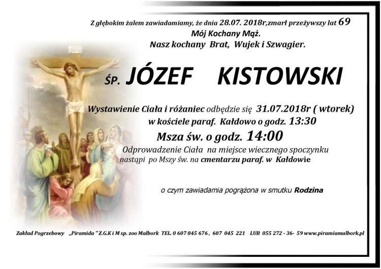 Zmarł Józef Kistowski. Żył 69 lat.