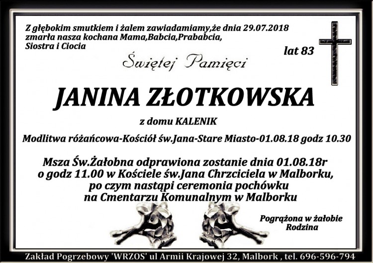 Zmarła Janina Złotkowska. Żyła 83 lata