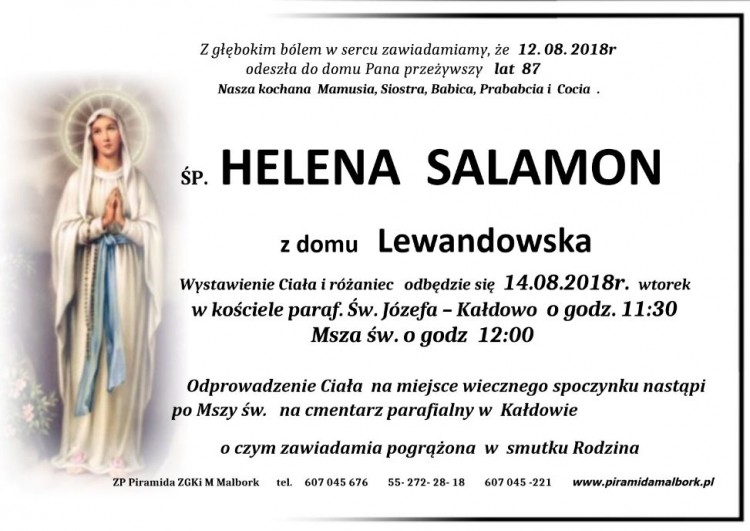 Zmarła Helena Salamon. Żyła 87 lat. 