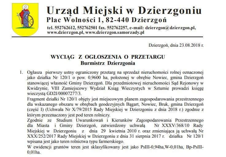 Pierwszy ustny ograniczony przetarg na sprzedaż nieruchomości rolnej&#8230;