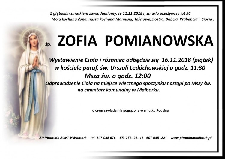 Zmarła Zofia Pomianowska. Żyła 90 lat.