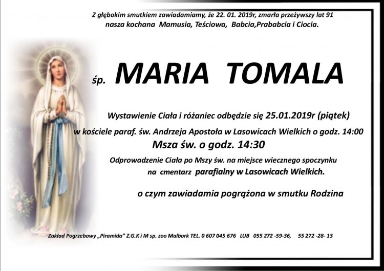 Zmarła Maria Tomala. Żyła 91 lat.