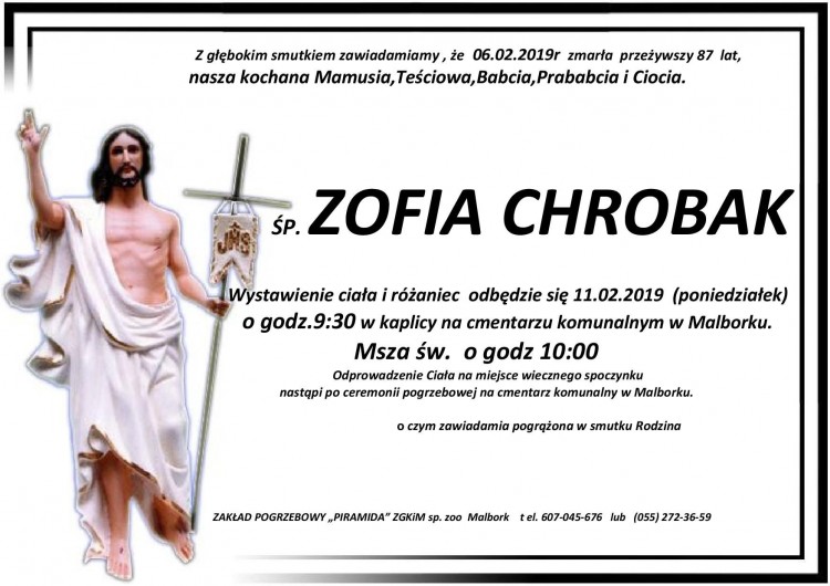 Zmarła Zofia Chrobak. Żyła 87 lat.