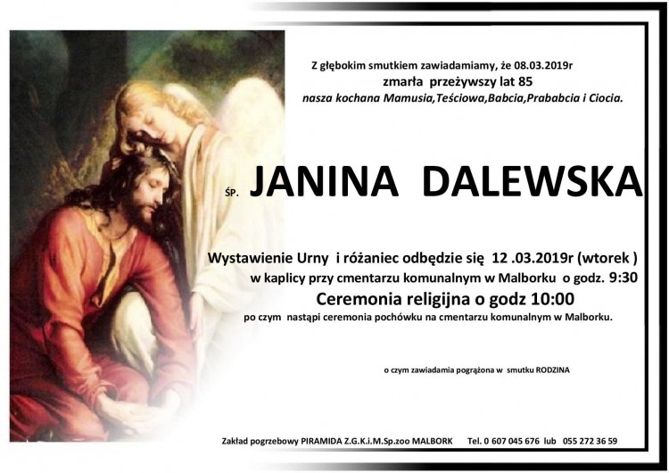 Zmarła Janina Dalewska. Żyła 85 lat.