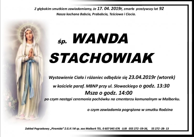 Zmarła Wanda Stachowiak. Żyła 92 lata.