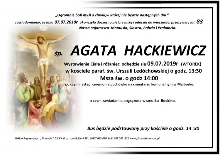 Zmarła Agata Hackiewicz. Żyła 83 lata.