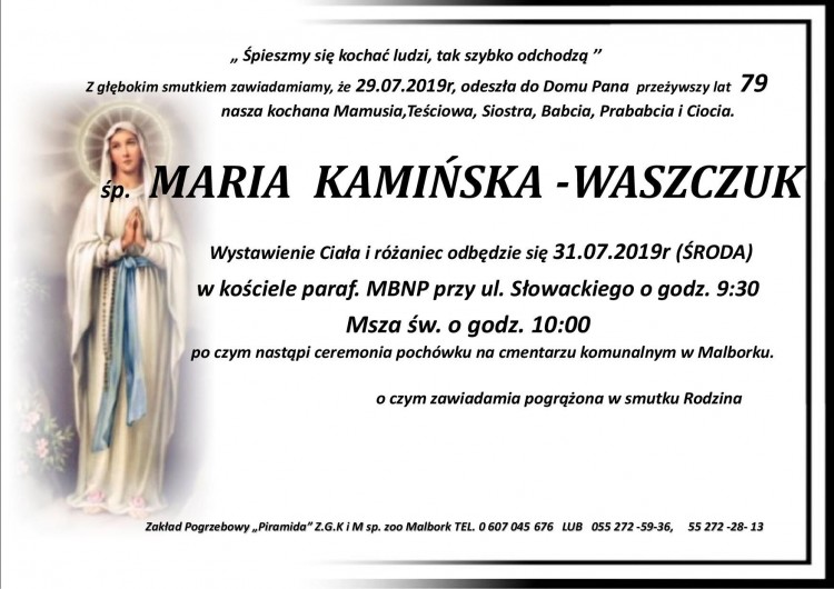 Zmarła Maria Kamińska - Waszczuk. Żyła 79 lat.