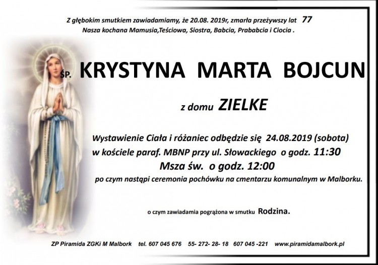 Zmarła Krystyna Marta Bojcun. Żyła 77 lat.