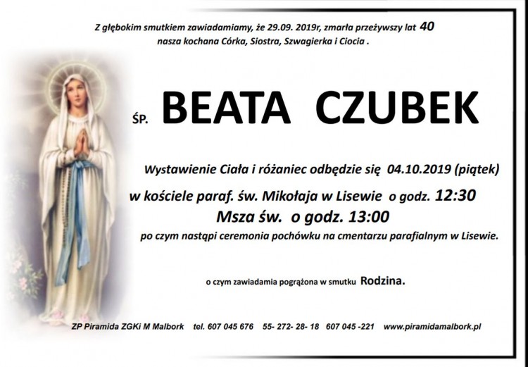 Zmarła Beata Czubek. Żyła 40 lat.