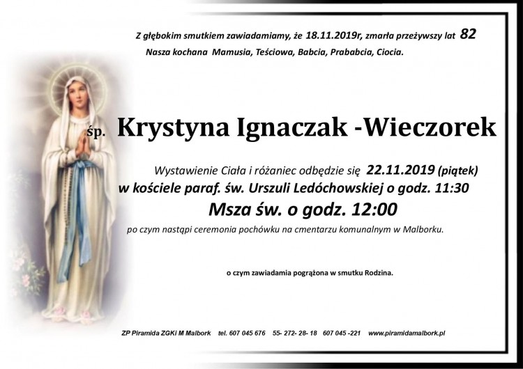 Zmarła Krystyna Ignaczak-Wieczorek. Żyła 82 lata.