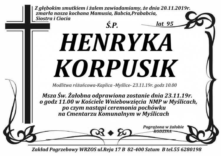 Zmarła Henryka Korpusik. Żyła 95 lat.