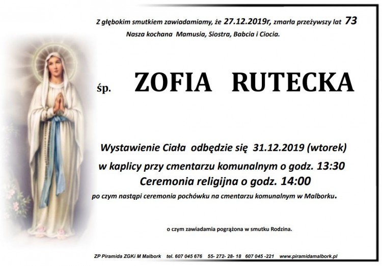 Zmarła Zofia Rutecka. Żyła 73 lata.