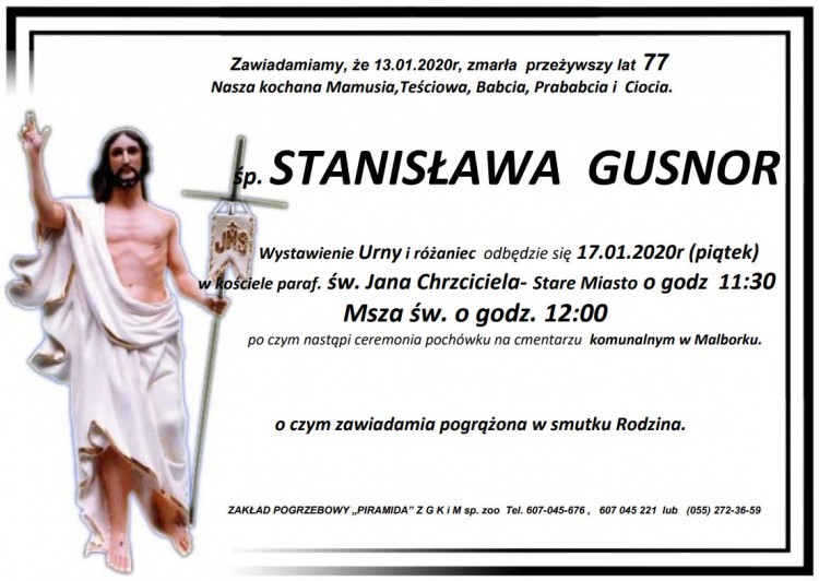 Zmarła Stanisława Gusnor. Żyła 77 lat.