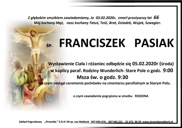 Zmarł Franciszek Pasiak. Żył 66 lat.