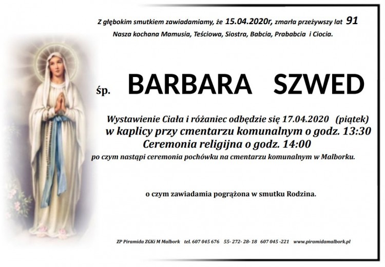 Zmarła Barbara Szwed. Żyła 91 lat.