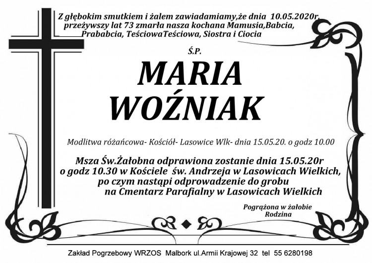 Zmarła Maria Woźniak. Żyła 73 lata.