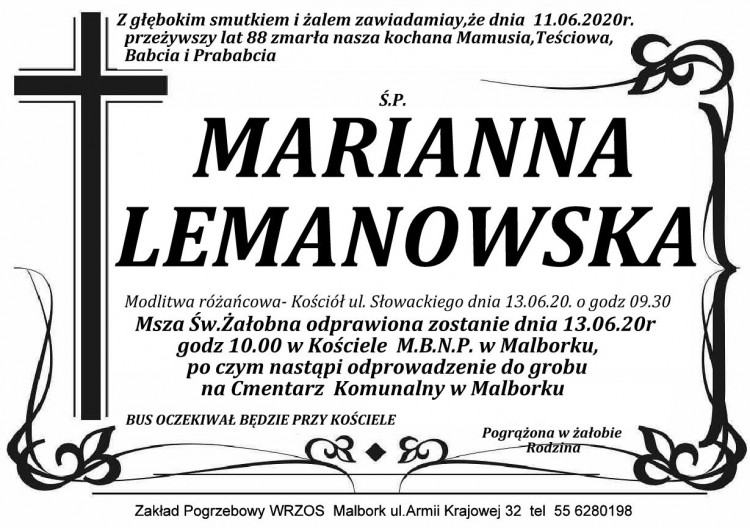 Zmarła Marianna Lemanowska. Żyła 88 lat.