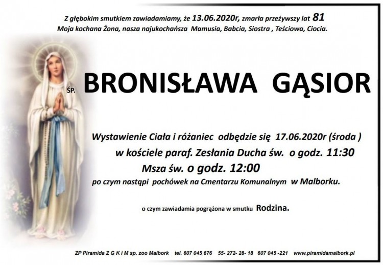Zmarła Bronisława Gąsior. Żyła 81 lat.