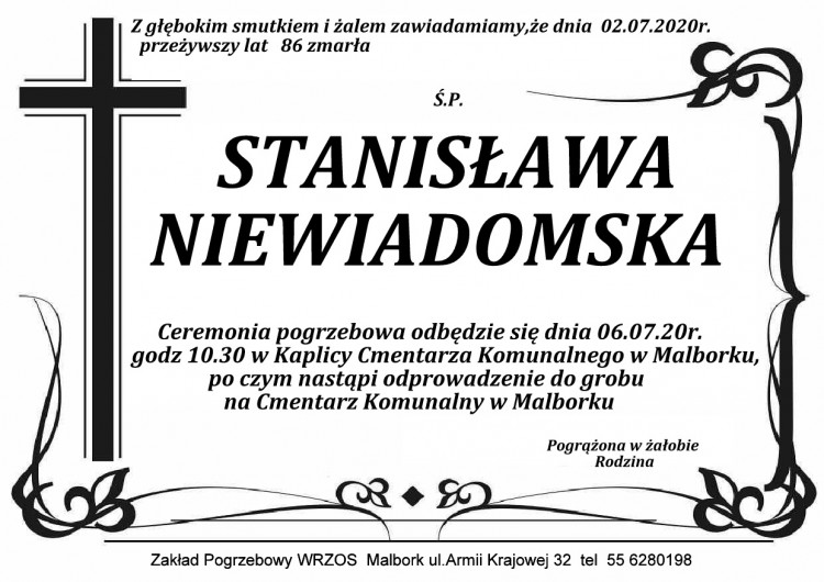 Zmarła Stanisława Niewiadomska. Żyła 86 lat.