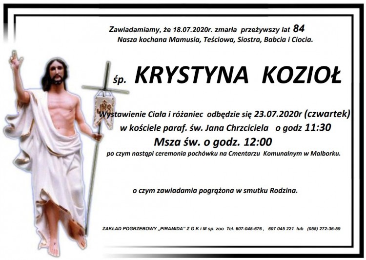 Zmarła Krystyna Kozioł. Żyła 84 lata.