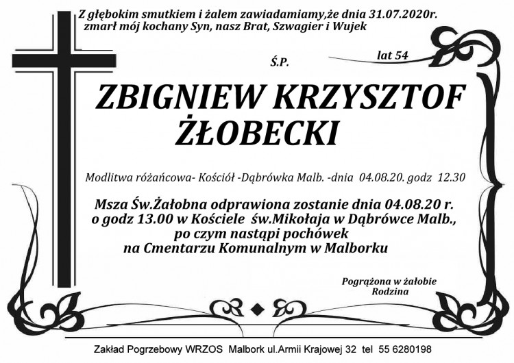 Zmarł Zbigniew Krzysztof Żłobecki. Żył 54 lata.
