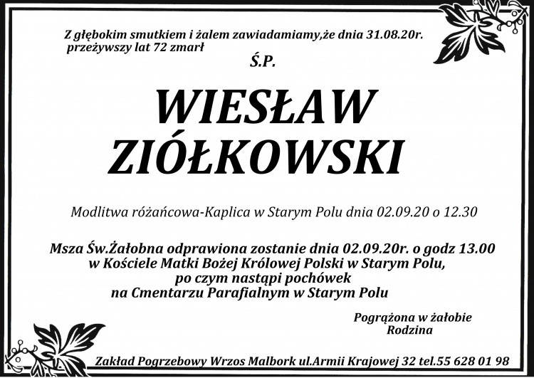 Zmarł Wiesław Ziółkowski. Żył 72 lata.