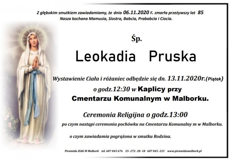 Zmarła Leokadia Pruska. Żyła 85 lat.
