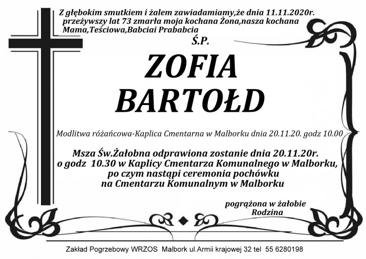 Zmarła Zofia Bartołd. Żyła 73 lata.