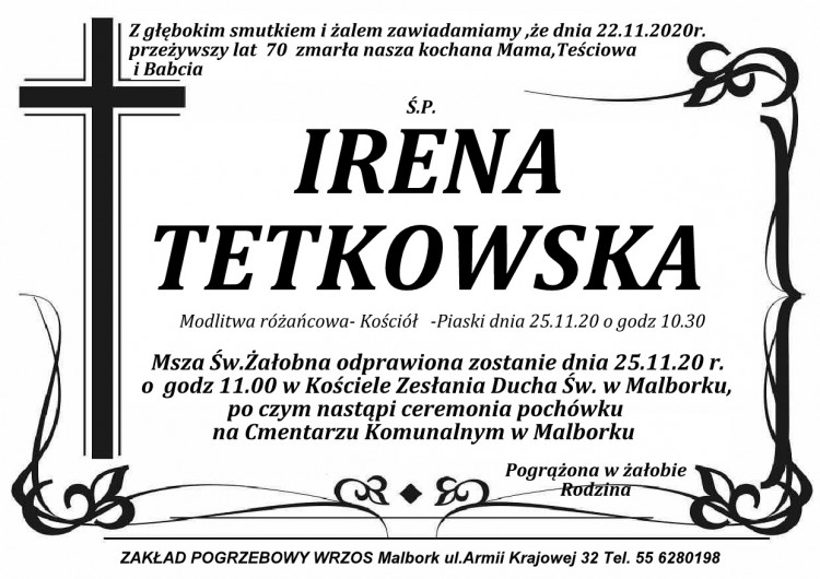 Zmarła Irena Tetkowska. Żyła 70 lat.