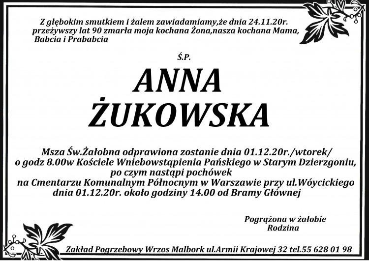 Zmarła Anna Żukowska. Żyła 90 lat.