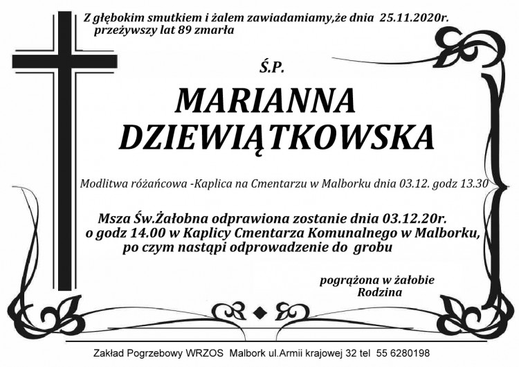 Zmarła Marianna Dziewiątkowska. Żyła 89 lat.