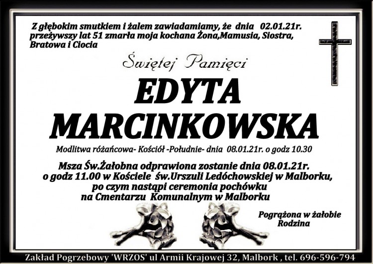 Zmarła Edyta Marcinkowska. Żyła 51 lat.