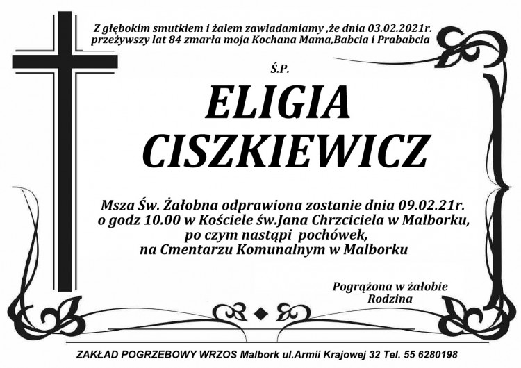 Zmarła Eligia Ciszkiewicz. Żyła 84 lata.