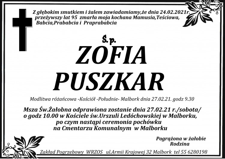 Zmarła Zofia Puszkar. Żyła 95 lat.