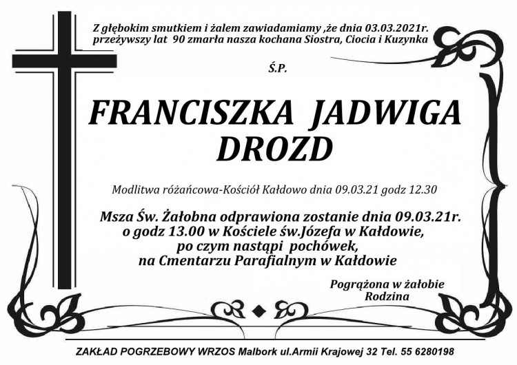 Zmarła Franciszka Jadwiga Drozd. Żyła 90 lat.
