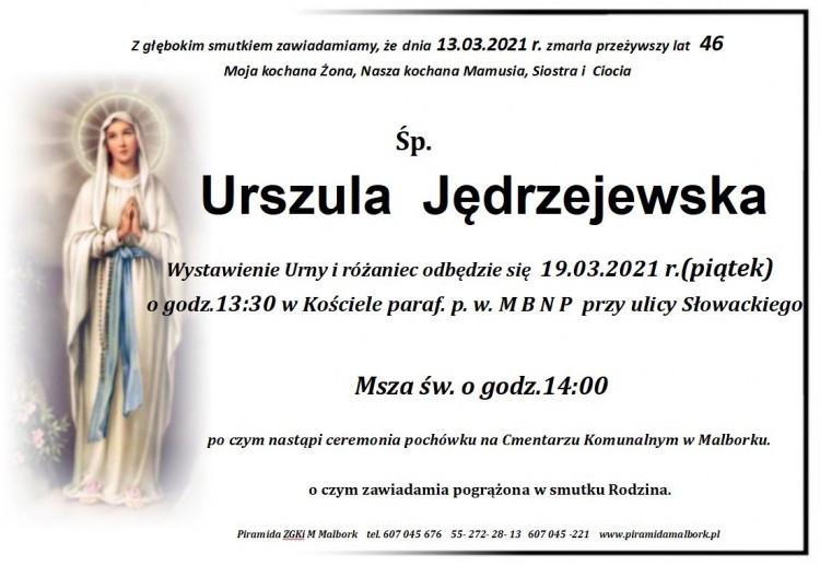 Zmarła Urszula Jędrzejewska. Żyła 46 lat.