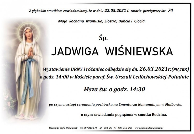 Zmarła Jadwiga Wiśniewska. Żyła 74 lata.