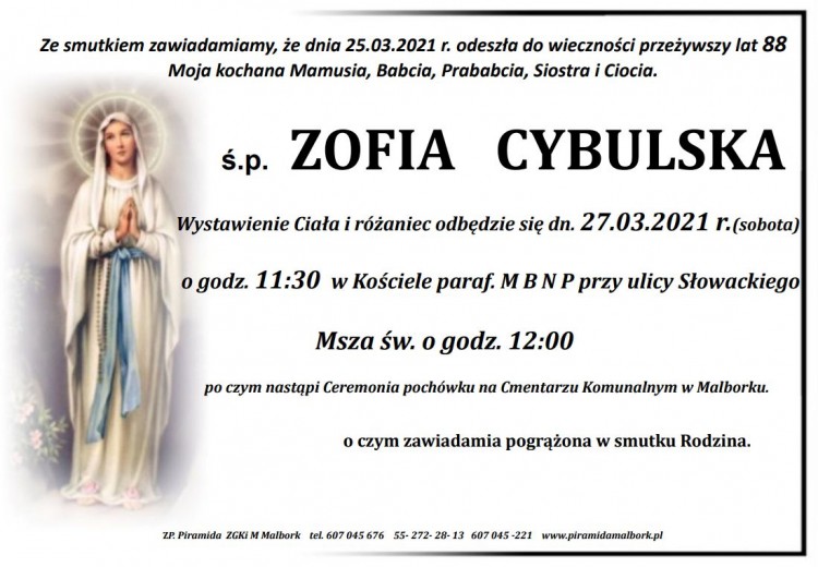 Zmarła Zofia Cybulska. Żyła 88 lat.