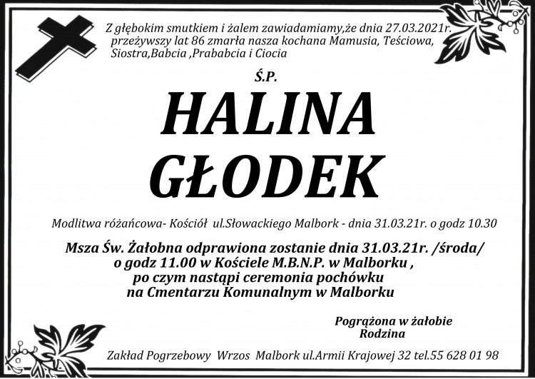 Zmarła Halina Głodek. Żyła 86 lat.